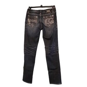 COOGI 8" Rhinestone Embellished Skinny Jeans Blue Dark Wash Contrast Stitch Y2K